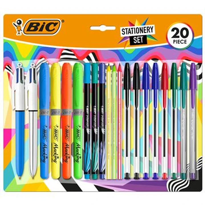 Bic Escritura Multicolor Pack de 20 Piezas Variadas - 6 Bic Cristal Original, 2 Bic Cristal Fun, 2 Bic 4 Colores, 3 Bic Intensity Fine, 4 Bic Highligh 1