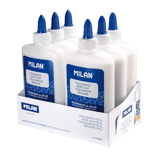 Milan Expositor con 6 Botes de Cola Blanca 250gr - Lavable y sin Disolventes - Ideal para Uso Escolar y Manualidades - Transparente al Secarse