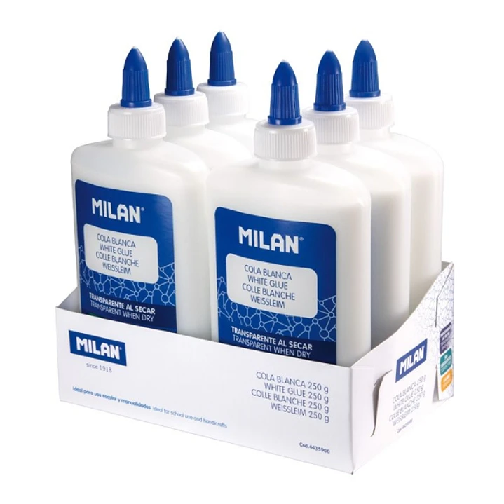 Milan Expositor con 6 Botes de Cola Blanca 250gr - Lavable y sin Disolventes - Ideal para Uso Escolar y Manualidades - Transparente al Secarse 1