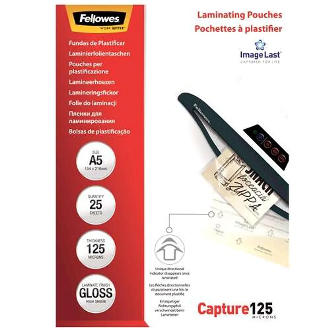 Fellowes Pack de 25 Fundas para Plastificar Brillo A5 - 125 Micras - Alta Calidad - Transparente 1