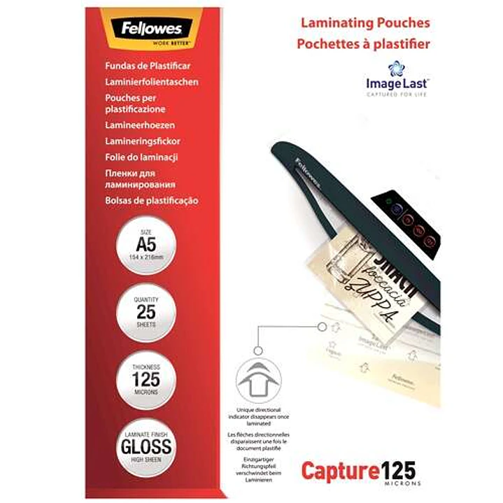 Fellowes Pack de 25 Fundas para Plastificar Brillo A5 - 125 Micras - Alta Calidad - Transparente 1