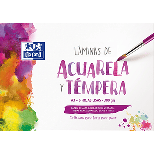 Oxford Pintura Escolar - Sobre de Laminas de Acuarela y Tempera A3 - 6 Hojas de 300gr - Papel Liso de Alta Calidad