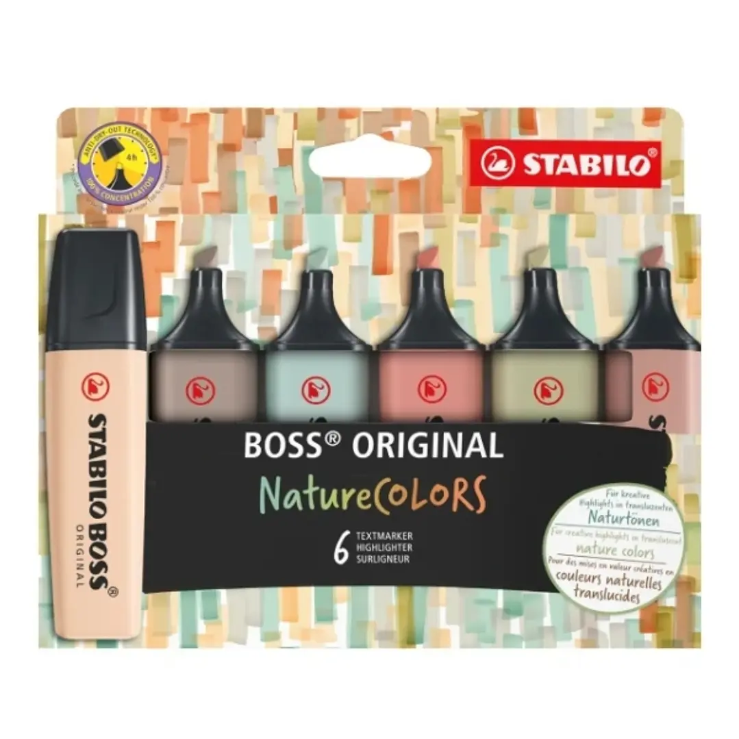 Stabilo Boss Naturecolors Pack de 6 Marcadores - Trazo entre 2 y 5mm - Tinta con Base de Agua - Colores Siena, Beige, Ocre Oscuro, Gris Calido, Verde  1