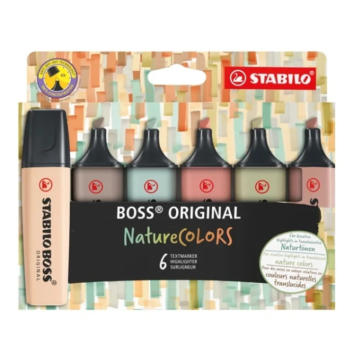 Stabilo Boss Naturecolors Pack de 6 Marcadores - Trazo entre 2 y 5mm - Tinta con Base de Agua - Colores Siena, Beige, Ocre Oscuro, Gris Calido, Verde  1