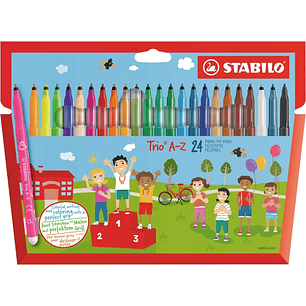 Stabilo Trio A-Z Pack con 24 Rotuladores de Punta Fina de Fibra - Trazo 0.7mm - Tinta Lavable - Zona de Agarre Triangular - Colores Surtidos