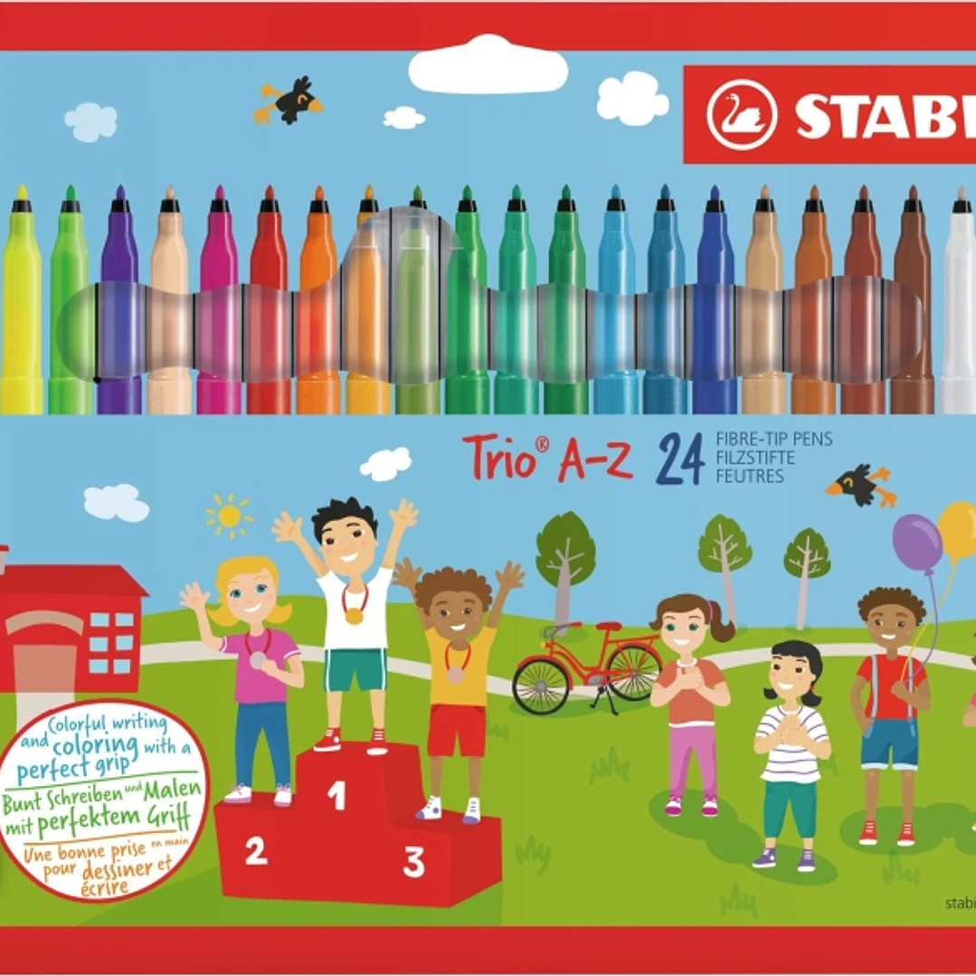 Stabilo Trio A-Z Pack con 24 Rotuladores de Punta Fina de Fibra - Trazo 0.7mm - Tinta Lavable - Zona de Agarre Triangular - Colores Surtidos 1