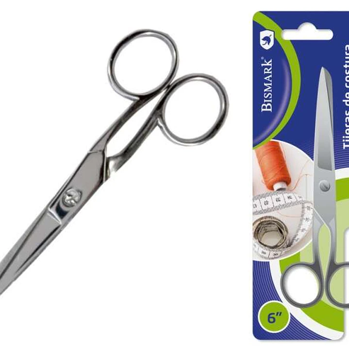Bismark Tijera de Costura  Acero Inoxidable 15.2cm - Fijacion por Tornillo - Presion Constante Entre Hojas - Presentacion en Blister - Color Plata 1