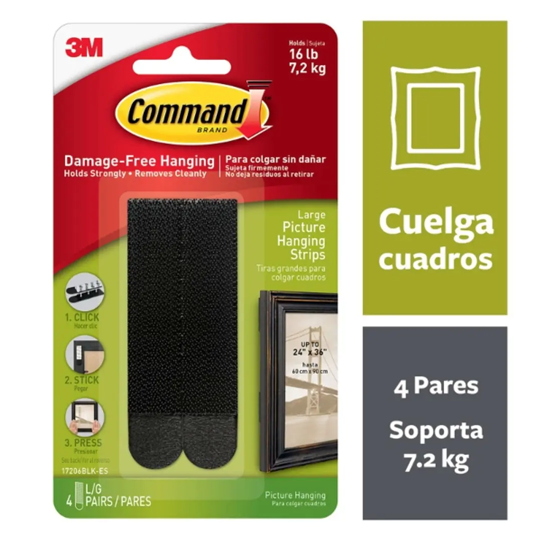 Command Pack de 8 Tiras Adhesivas para Colgar Cuadros - 4 Pares L - Soporta hasta 7.2kg - Color Negro 1