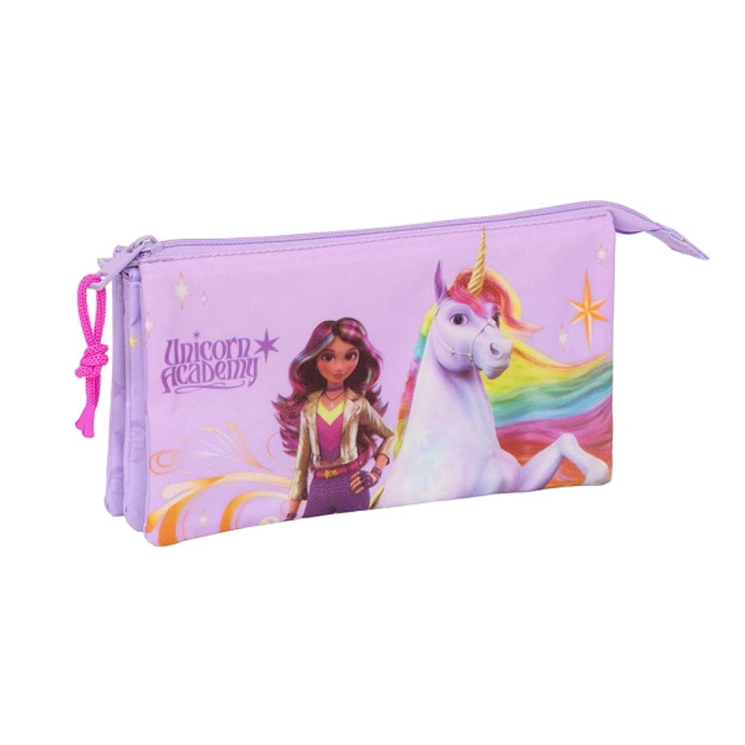 Safta Unicorn Academy Portatodo - 3 Compartimentos con Cremalleras - Bolsillo Interior - 0.6L - 220x30x120mm - Color Rosa 1
