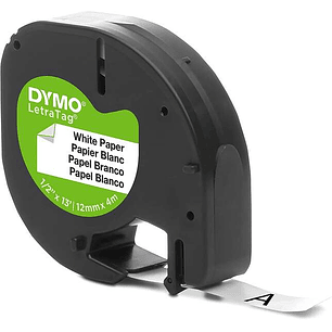 Dymo LetraTag S0721510 Cinta de Etiquetas Original para Rotuladora - Texto negro sobre fondo blanco - Ancho 12mm x 4 metros (91200)