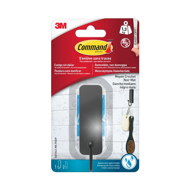 Command Gancho Medianos para Aseo - 2 Tiras Adhesivas - Resistente al Agua - Soporta hasta 1.3kg - Color Negro Mate 1