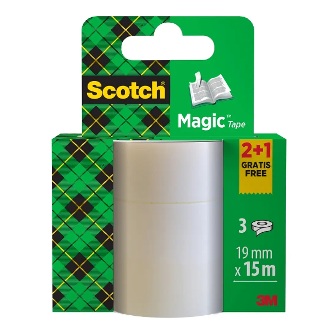 Scotch Magic Pack de 3 Cintas Adhesivas Invisible - 19mm x 15m - Promocion 2 Unidades + 1 Gratis - Color Transparente 1