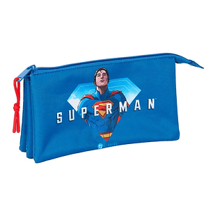 Safta Superman Portatodo - 3 Compartimentos con Cremalleras - Bolsillo Interior - 0.6L - 220x30x120mm - Color Azul Oscuro