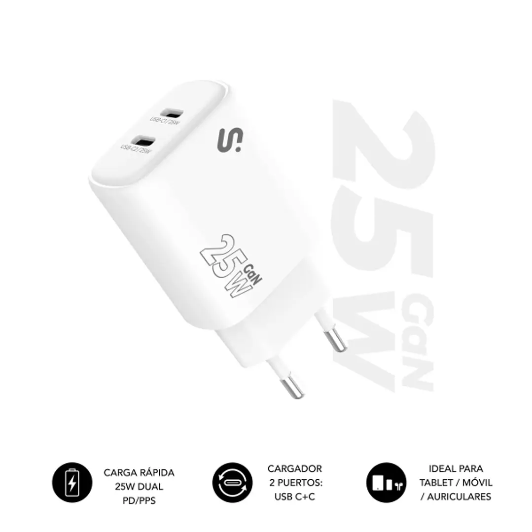 Subblim Cargador de Pared GaN 25W - 2xUSB-C -  Carga rápida - Color Blanco 1