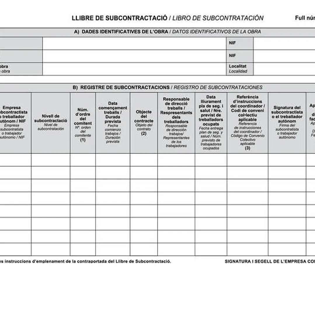 Dohe Libros de Subcontratacion Din A4 Apaisado Catalan/Castellano - 10 Hojas Numeradas - Hojas Autocopiativas 1