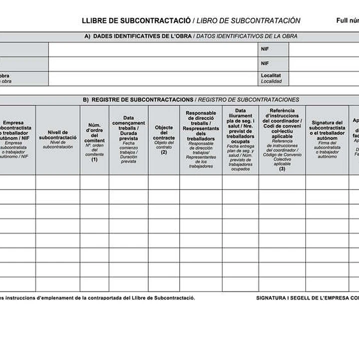 Dohe Libros de Subcontratacion Din A4 Apaisado Catalan/Castellano - 10 Hojas Numeradas - Hojas Autocopiativas 1