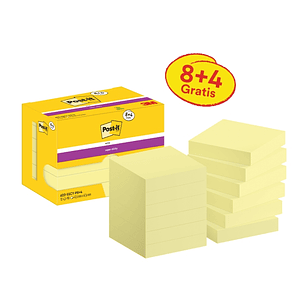 Post-It Super Sticky Pack de 12 Blocs de 90 Notas Adhesivas Reposicionables - 47.6x47.6mm - Promocion 8 Blocs + 4 Gratis - Color Amarillo Claro