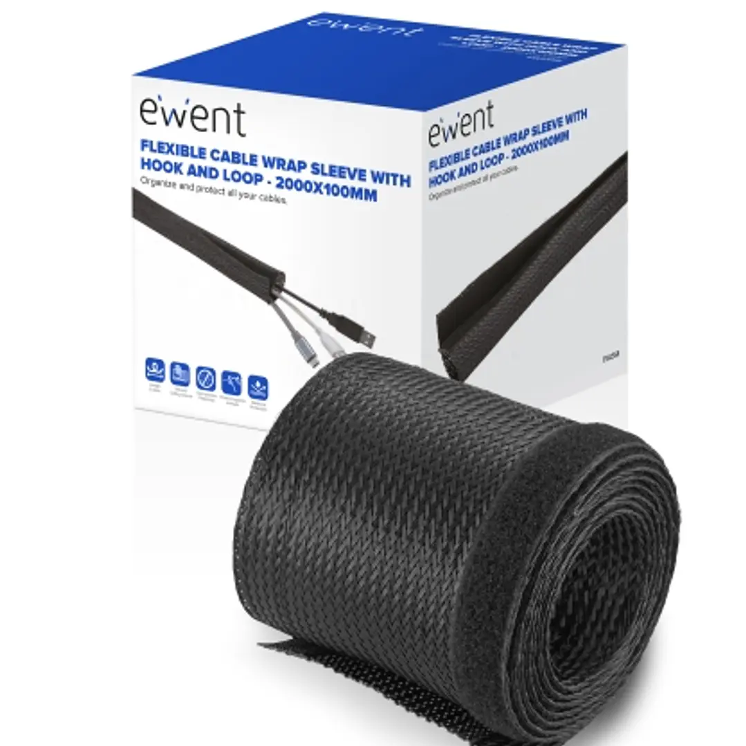 Ewent Manguito Organizador de Cable Polyester - Cierre de Velcro - 2m - 100mm - Color Negro 1