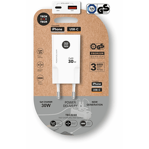 TechOneTech Cargador Doble de Pared Ultrarrápido GaN 30w USB-C+USB-A Blanco