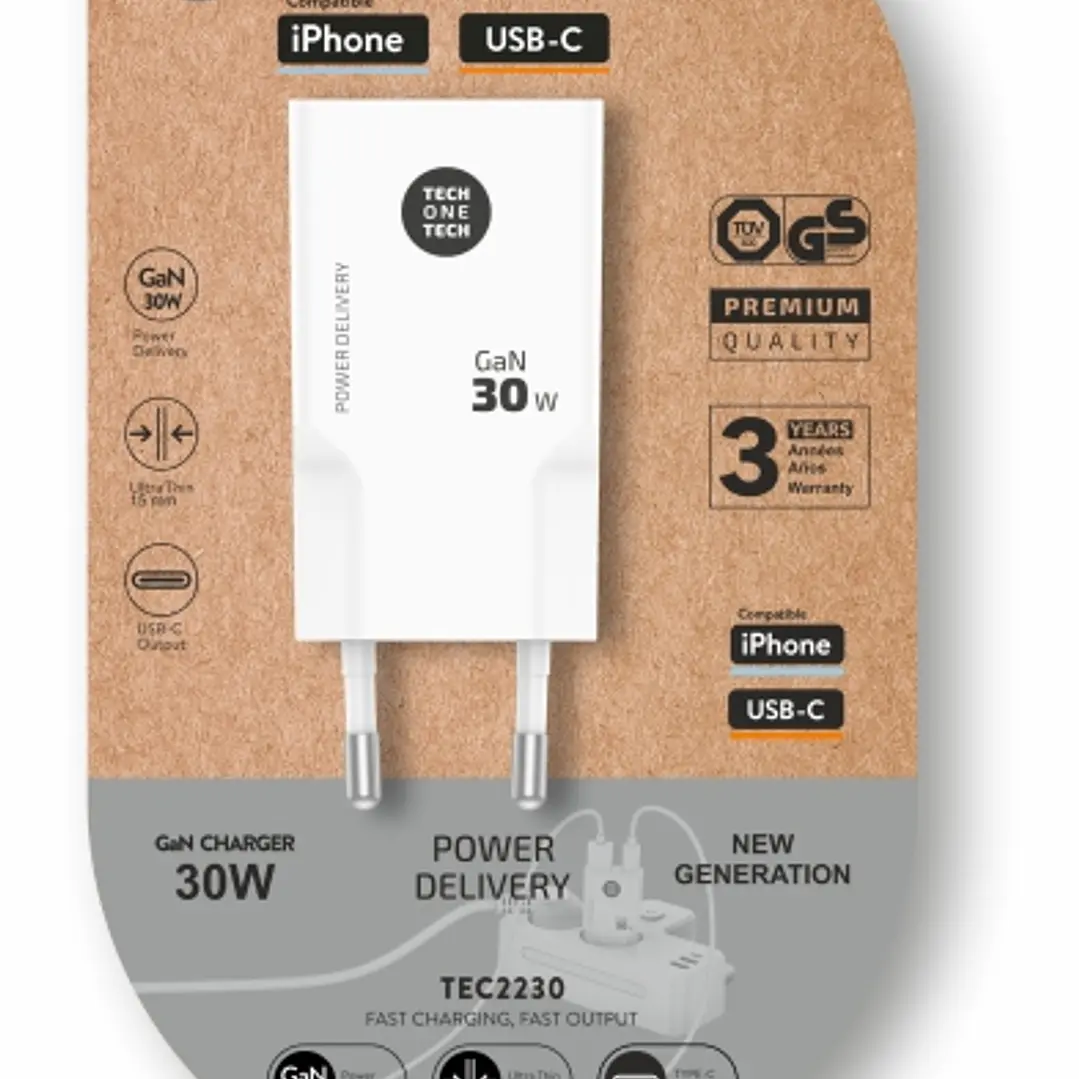 TechOneTech Cargador Doble de Pared Ultrarrápido GaN 30w USB-C+USB-A Blanco 1