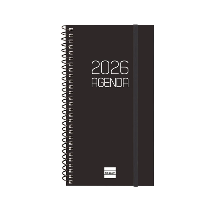 Finocam Opaque Agenda de Espiral - Anual 2026 - Tapa Ligera - Cierre con Goma Elastica - Formato E9 - 100x14x171mm - Semana Vista Horizontal - Color N 1