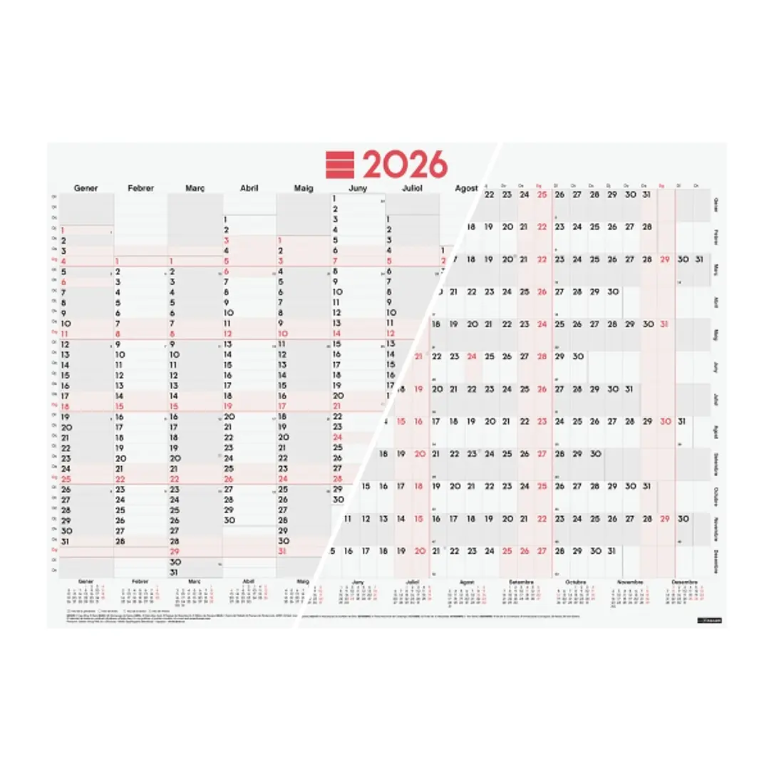 Finocam Planificador de Tipo Poster en Catalan - Anual 2026 - Espacio para Escribir - 680x485mm - Numeros Grandes - Color Blanco y Rojo 1