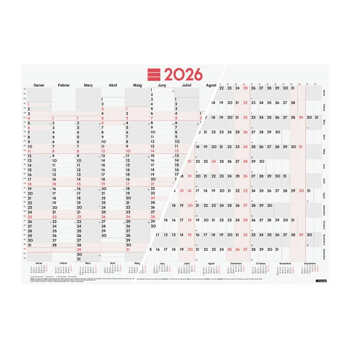 Finocam Planificador de Tipo Poster en Catalan - Anual 2026 - Espacio para Escribir - 680x485mm - Numeros Grandes - Color Blanco y Rojo 1