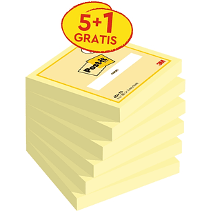 Post-It Pack de 6 Blocs de 100 Notas Adhesivas Reposicionables - 76x76mm - Promocion 5 Blocs + 1 Gratis - Color Amarillo Claro