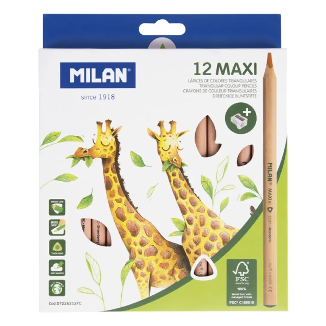 Milan Maxi Pack de 12 Lapices de Colores - Madera Certificada FSC - Incluye Sacapuntas - Triangulares - Colores Surtidos 1