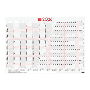 Finocam Planificador de Tipo Poster - Anual 2026 - Espacio para Escribir - 680x485mm - Numeros Grandes - Color Blanco y Rojo
