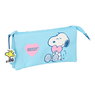 Safta Snoopy Love Estuche Portatodo - 3 Compartimentos - 22x12x3cm - Color Azul Claro