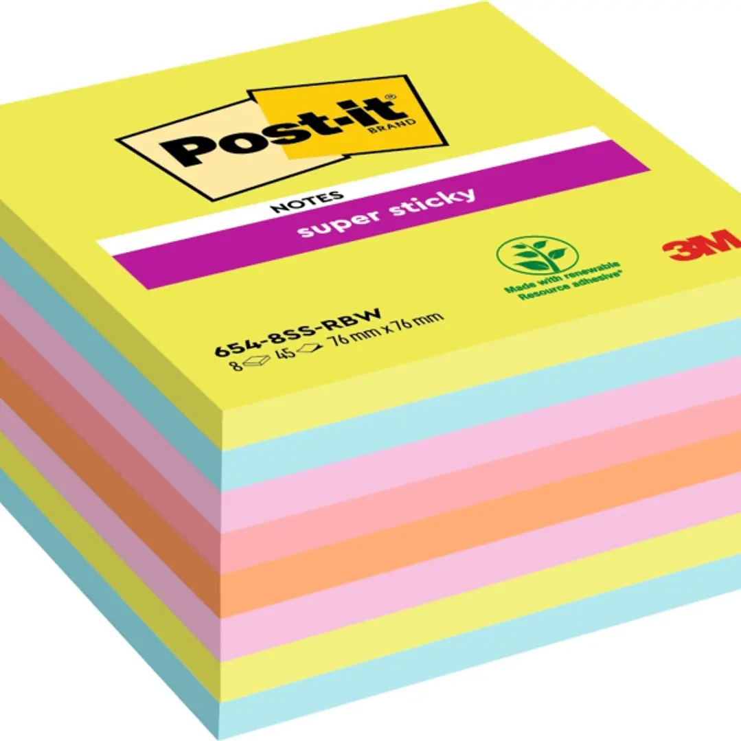 Post-It Super Sticky Pack de 8 Blocs de 45 Notas Adhesivas Reposicionables - 76x76mm - 100% PEFC - Colores Surtidos 1