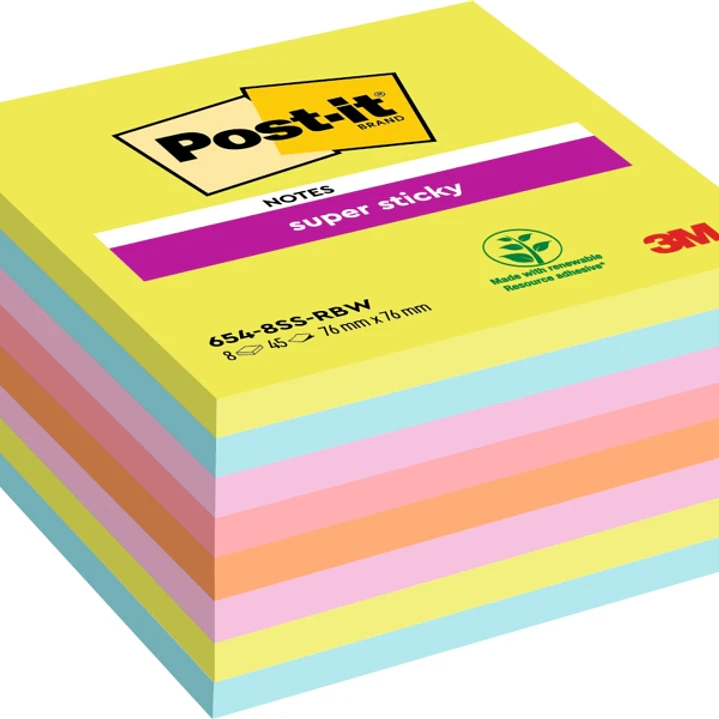 Post-It Super Sticky Pack de 8 Blocs de 45 Notas Adhesivas Reposicionables - 76x76mm - 100% PEFC - Colores Surtidos 1