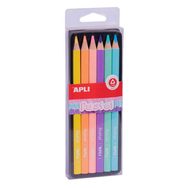 Apli Lapices Jumbo Pastel - 5mm de Grosor - Caja con 6 Colores Surtidos - Madera Triangular para Mejor Sujecion y Cobertura 1