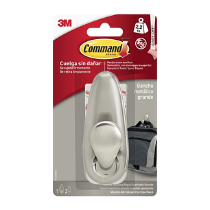 Command Gancho Metalico Grande - 2 Tiras Adhesivas - Soporta hasta 2.2kg - Color Niquel Pulido