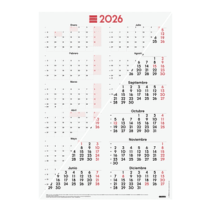 Finocam Poster Calendario Tipo Poster - Anual 2026 - Espacio para Escribir - 485x680mm - Numeros Grandes - Color Blanco y Rojo