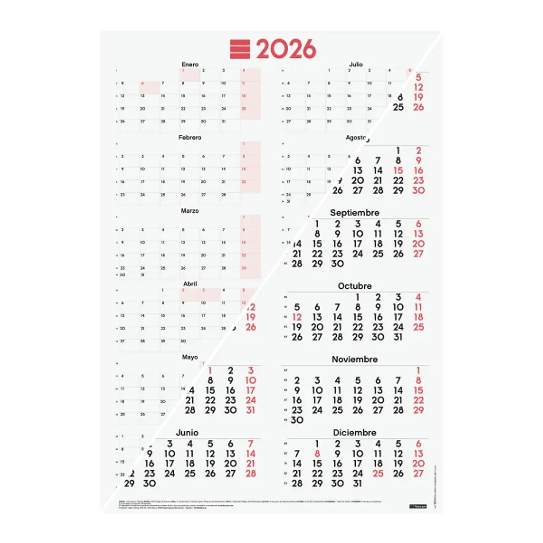 Finocam Poster Calendario Tipo Poster - Anual 2026 - Espacio para Escribir - 485x680mm - Numeros Grandes - Color Blanco y Rojo 1