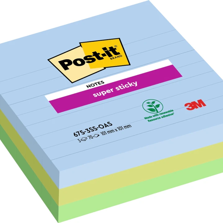 Post-It Super Sticky Pack de 3 Blocs de 70 Notas Adhesivas Reposicionables - Forma Cuadrada - 101x101mm - Colores Surtidos 1