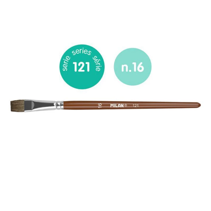 Milan 121 Pack de 6 Pinceles Escolares Planos Numero 16 - Bolsa con Colgador - Pelo de Cabra y Sintetico - Color Madera Oscuro 1