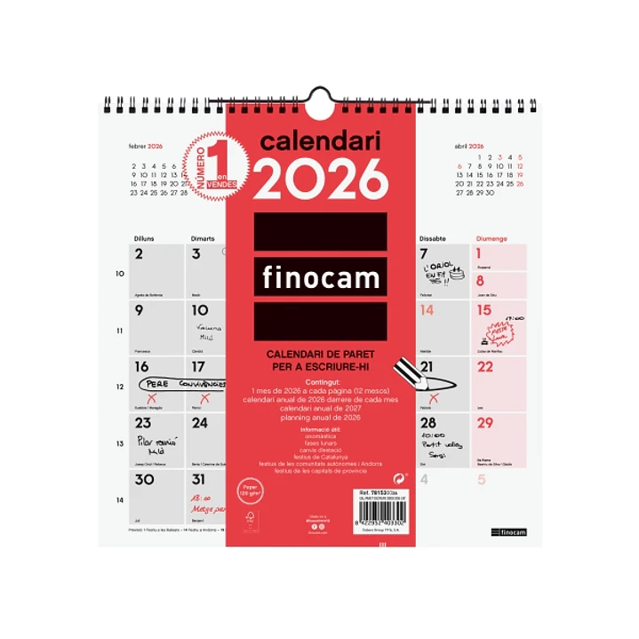 Finocam Calendario de Pared en Catalan - Anual 2026 - 300x5x310mm - Espacio para Escribir - Color Blanco y Rojo 1