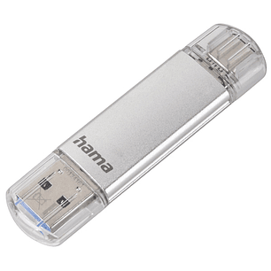 Hama Laeta Memoria Pendrive USB 3.0 con Tapa - 128GB de Capacidad - 40Mb/s de Transferencia - Funcion OTG - USB-C - USB-A - Cuerpo Metalico - Color Pl