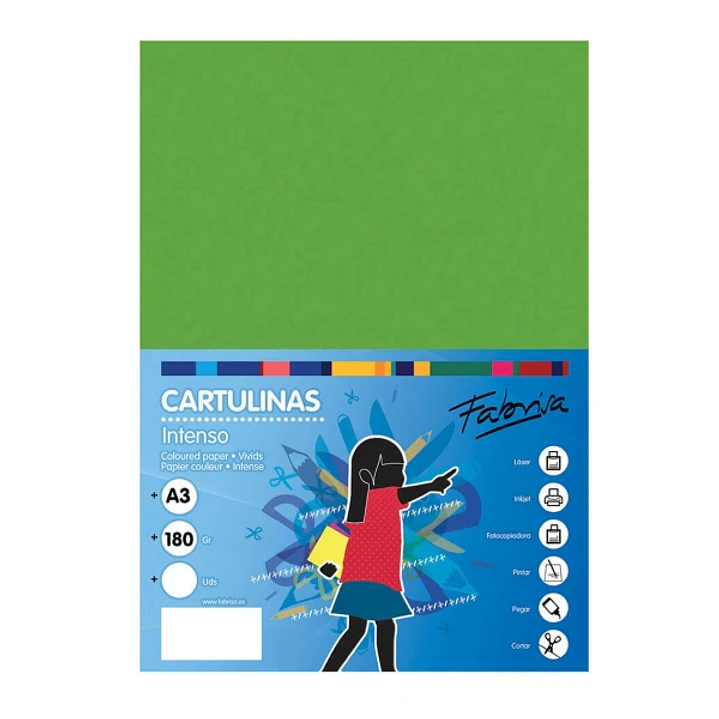 Fabrisa Pack de 25 Cartulinas 180 g/m² - Tamaño A3 - Color Verde Fuerte 1