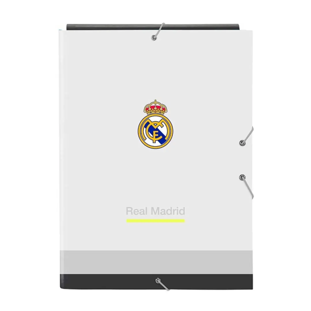 Safta Real Madrid Carpeta 3 Solapas - Tapas Duras Forradas - Cierre con Gomas Elasticas - Formato Folio - 26x33.5x2.5cm - Color Blanco y Negro 1