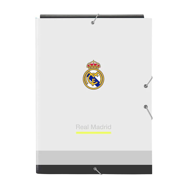 Safta Real Madrid Carpeta 3 Solapas - Tapas Duras Forradas - Cierre con Gomas Elasticas - Formato Folio - 26x33.5x2.5cm - Color Blanco y Negro 1