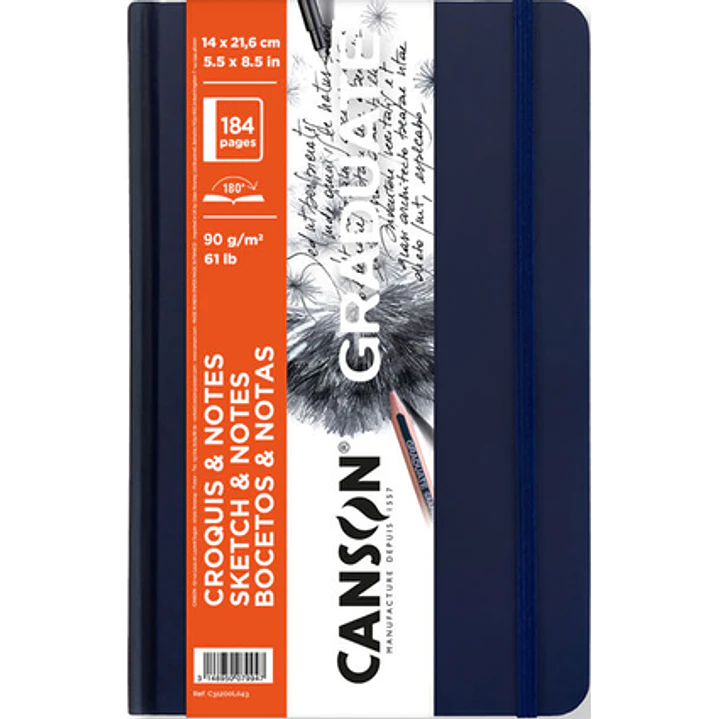 Canson Graduate Sketch Cuaderno con 92 Hojas - 14x21.6cm - 90g - Grano Fino - Tapa Dura - Color Azul Oscuro 1