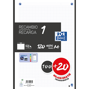 Oxford School Recambio A4 120 Hojas Cuadricula 5x5mm - 4 Taladros - Banda de Color Negro