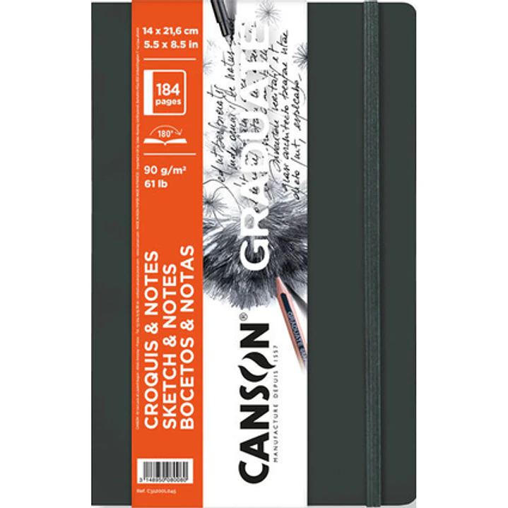 Canson Graduate Sketch Cuaderno con 92 Hojas - 14x21.6cm - 90g - Grano Fino - Tapa Blanda - Color Gris Oscuro 1