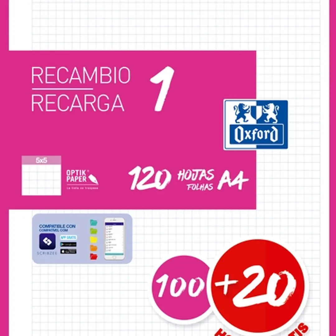 Oxford School Recambio A4 120 Hojas Cuadricula 5x5mm - 4 Taladros - Banda de Color Fucsia 1
