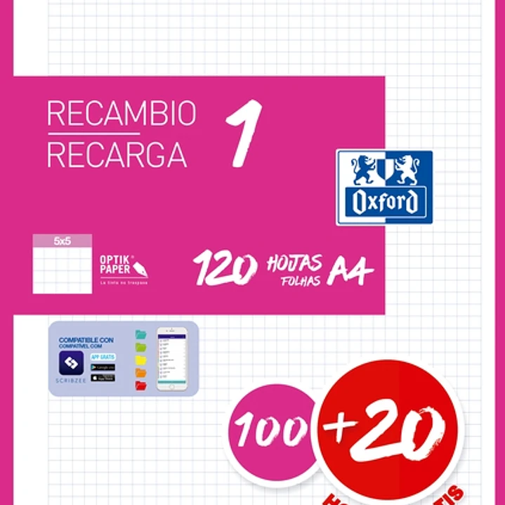 Oxford School Recambio A4 120 Hojas Cuadricula 5x5mm - 4 Taladros - Banda de Color Fucsia 1