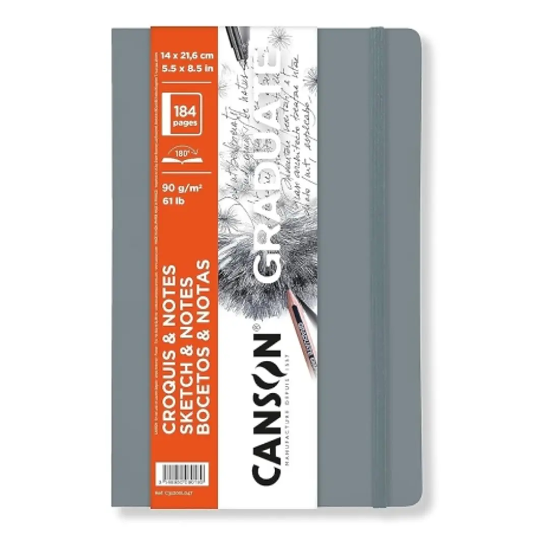 Canson Graduate Sketch Cuaderno con 92 Hojas - 14x21.6cm - 90g - Grano Fino - Tapa Blanda - Color Gris Claro 1